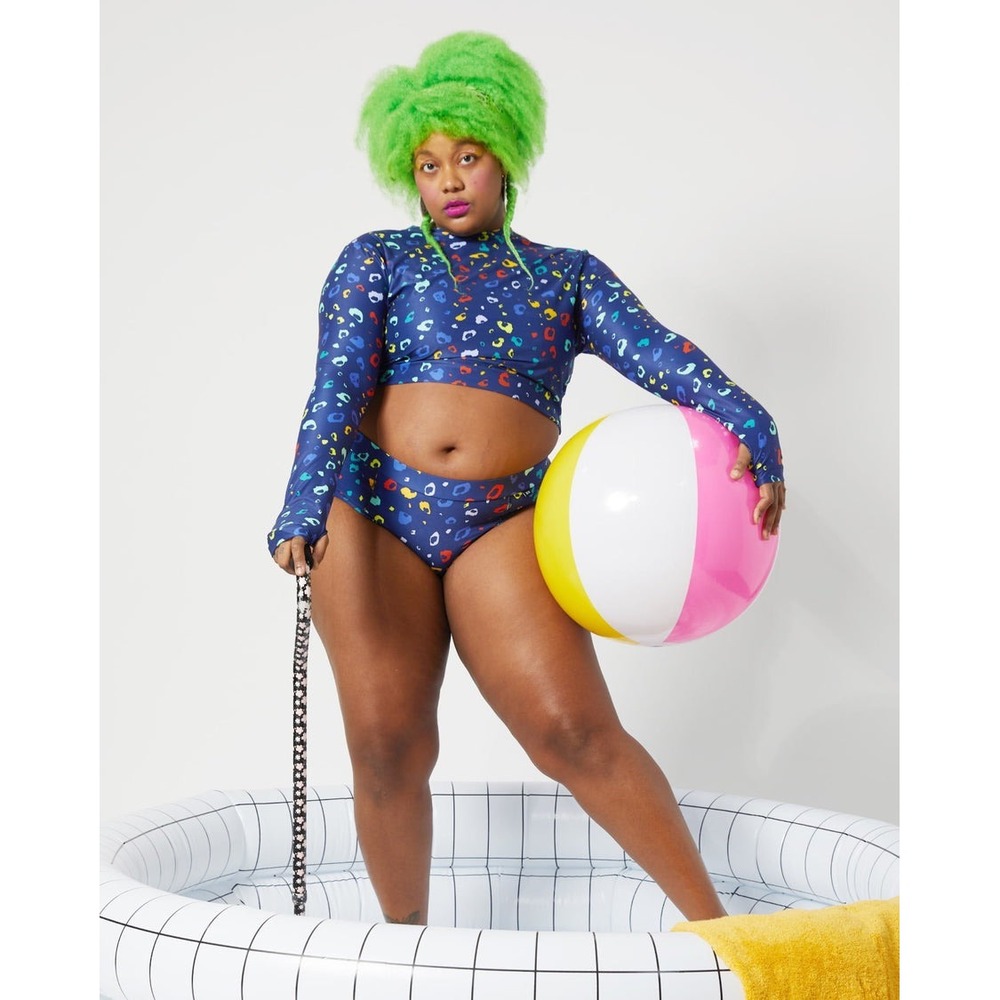 TomboyX Swim Sun Shield Crop Top Poppin Bubbles Long Sleeve Rash Guard Navy 3X